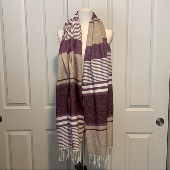 Calvin Klein CK Plum Wine Tan Stripe Oversized Scarf Blanket Shawl SOFT 78x24” - Picture 7 of 16